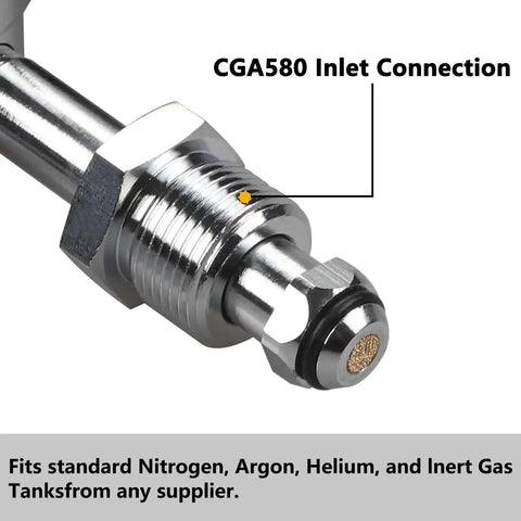 Close-up of CGA580 inlet connection on draft beer nitrogen regulator for homebrew keg setup with dual gauges.