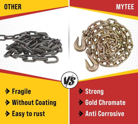 Comparison of fragile, rust-prone chain vs strong, gold chromate anti-corrosive 3/8 Inch x 6 FT Grade 70 Binder Chain with Clevis Grab Hooks