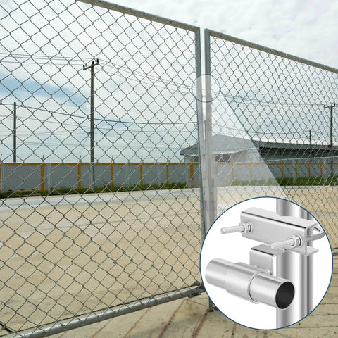 Two Pack Chain Link Fence Gate Brackets Universal Rolling Sliding Track Wall Mounts For Diameter From One And Five Eighths To Two And Seven Eighths Inch Track Pipe Post Galvanized Steel Coating Durable And Reliable Complete Gate Fitting Set, installed on a fence.