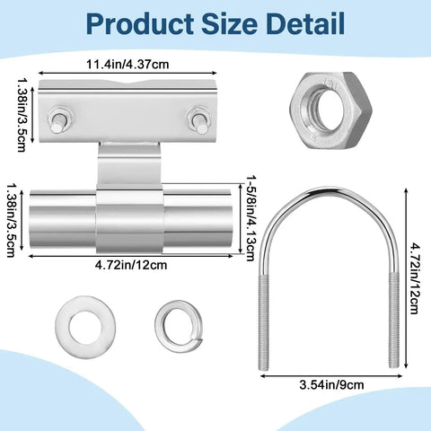 Two Pack Chain Link Fence Gate Brackets Universal Rolling Sliding Track Wall Mounts For Diameter From One And Five Eighths To Two And Seven Eighths Inch Track Pipe Post Galvanized Steel Coating Durable And Reliable Complete Gate Fitting Set with dimensions and components shown