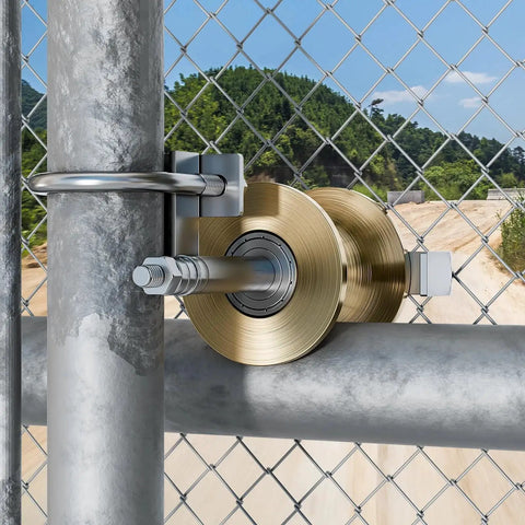 Rear Pipe Track Wheels For Chain Link Sliding Gates Fit Two Inch Gate Frames And One Seven Eighths Inch Track Pipes Durable Galvanized Steel Construction For Rust Resistance And Smooth Stable Gate Movement One Pack installed view.