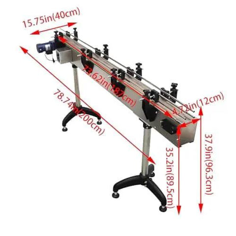 Chain Plate Conveyor Belt For Assembly Line With Height And Speed Adjustable 110V, shown with dimensions and adjustable legs.