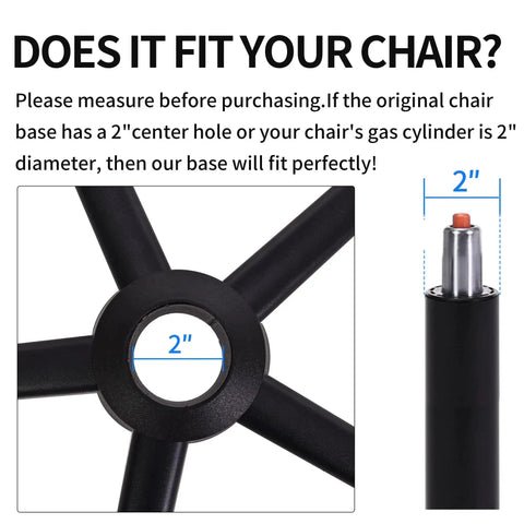 Heavy Duty 28 Inch Metal Base Replacement With 5 Polyurethane Wheels Bell Glides For Office And Gaming Chairs, 2500 Lb Load Capacity, Universal Computer Chair Stool Base, Black, Smooth Quiet 360 Degree Rolling And Floor Friendly with 2 inch center hole