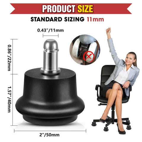 Close-up of Office Chair Caster to Glide Conversion Feet Self Adhesive Felt Pads with size details. Woman sitting for illustration.