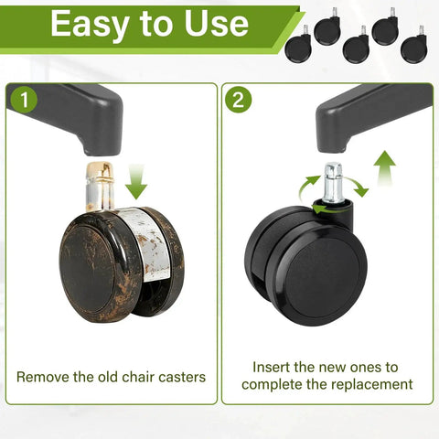 Image showing steps to replace office chair wheels with 2.5 Inch Carpet Casters For Office Chairs Compatible With Aeron Embody Mirra SAYL And Setu Chairs Black Set Of 5 Smooth Quiet Rolling Durable Swivel Wheel Replacement Great For Home And Office Use Smooth Glide Nonslip Feet Easy Install.