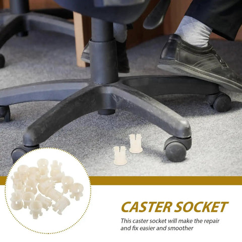 Plastic Caster Socket Sleeves Set Of 20 Universal Wheel Socket Inserts under an office chair wheel for easy mounting and smooth rolling.