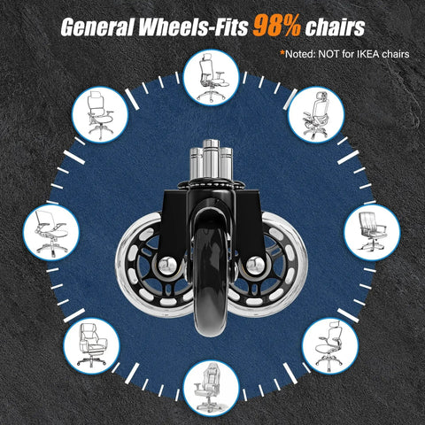 Office Chair Caster Wheels Set Of 5 Universal Fit 2.5 Inch Blade Wheels showing compatibility with 98% of chairs