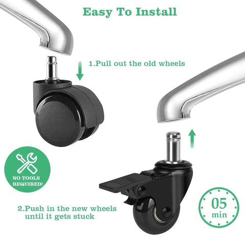 Diagram showing installation of 2 Inch Office Chair Caster Wheels With Brakes Heavy Duty Set Of 5 Replacement Universal Rolling Chair Wheels.