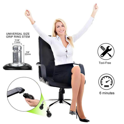 Heavy Duty Replacement Office Chair Caster Wheels 3 Inch Set Of 5 Soft PU Rubber Casters shown installed on office chair