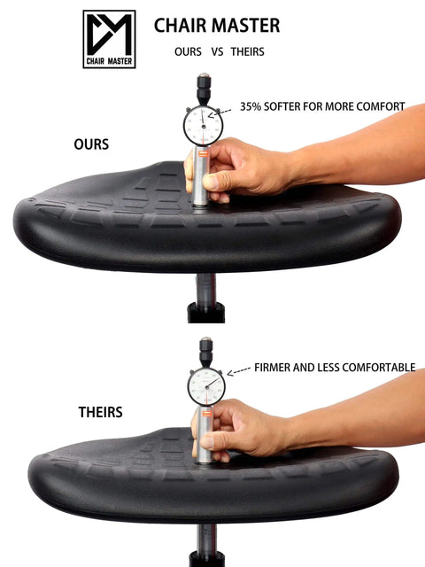 Comparison of ergonomic polyurethane chair seats, highlighting our softer version of the Table Height Chair Stool Deluxe.