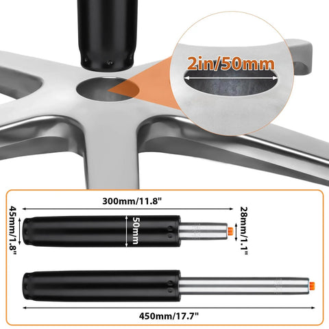 Chair base showing gas lift dimensions 2in/50mm, with detailed measurements for 1.8in and 1.1in sections