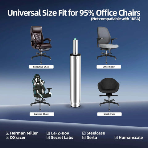 Gas Lift Cylinder Replacement For Office Chairs, 4 Inch Travel, Heavy Duty Class 4 Polished Steel, 450 Lb Capacity, shown with chair options