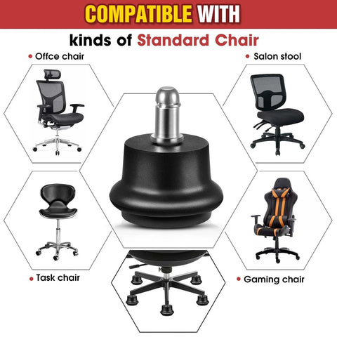 Diagram showing Office Chair Caster to Glide Conversion Feet Self Adhesive Felt Pads compatible with various chair types including gaming and office.