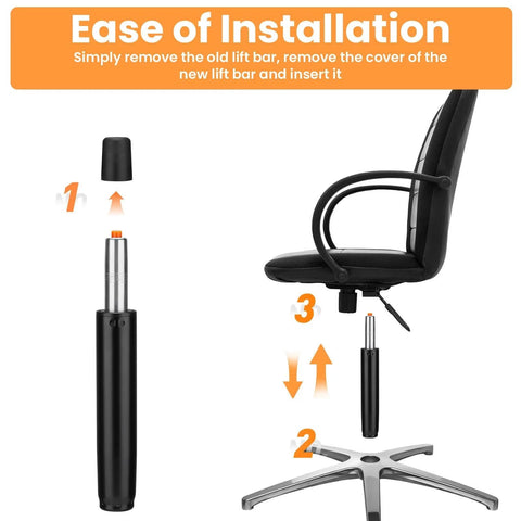 Chair gas lift replacement installation guide showing steps to replace the old lift bar and install on a swivel chair