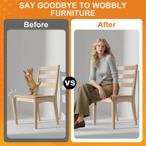 Before and after of using stabilizer on chair; left shows wobbly chair with cat, right shows stable chair with person seated.