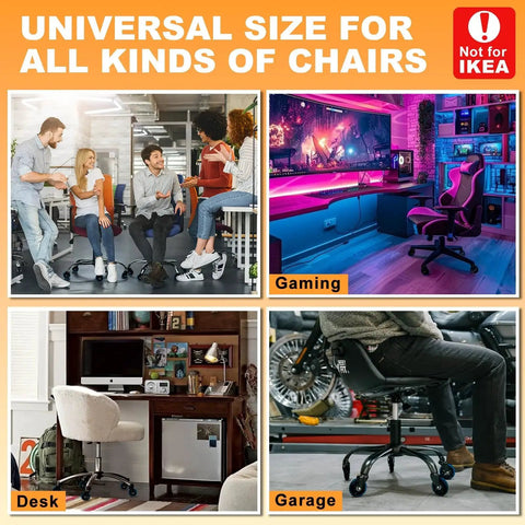 Office Chair Wheels Replacement Set Of Five 3 Inch Soft Non Marking Polyurethane Casters For All Floors Including Hardwood And Carpet Delivers Smooth Quiet Glide For Desk Chairs Blue, shown in various settings such as desk and gaming areas.