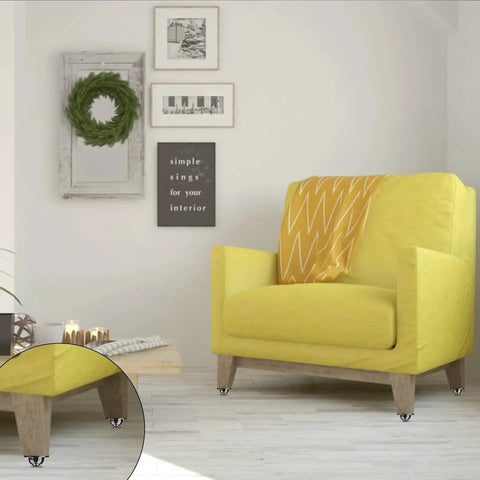 Yellow armchair with 8 Pack Mini Adhesive Caster Wheels 3/4 Inch Self Adhesive Swivel Casters installed on legs, close-up