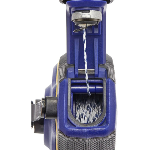 Front view of Speedline Pro Chalk Line Reel with 100 ft hi-tensile line, showing blue housing and ergonomic design for carpentry use.