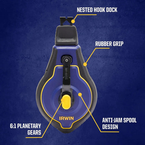 Speedline Pro Chalk Line Reel with 100 ft hi-tensile line; features nested hook dock, rubber grip, 6:1 gears, anti-jam design.