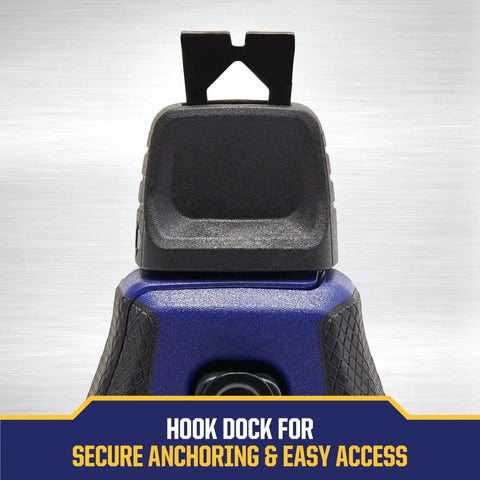 Close-up of Speedline Pro Chalk Line Reel with hook dock, showing secure anchoring feature and durable blue housing.