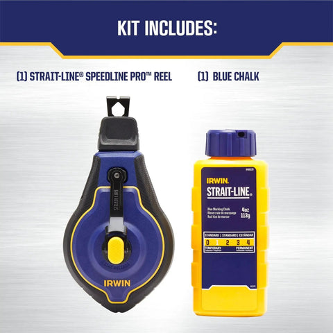 Speedline Pro Chalk Line Reel with 100 ft hi-tensile line and blue chalk bottle for precise layouts