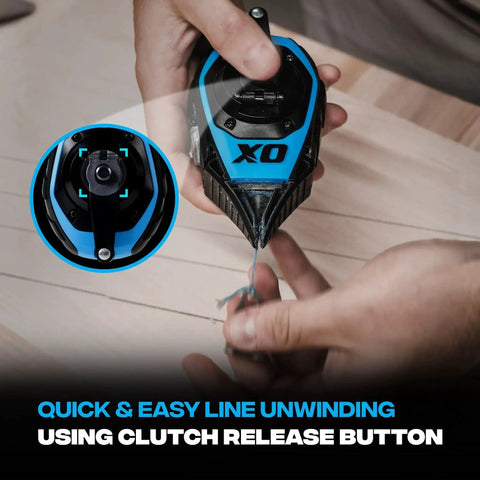 50ft Precision Chalk Line Tool Value Pack with Kevlar Ultra Fine Line, 3:1 Gear shown unwinding with clutch release button