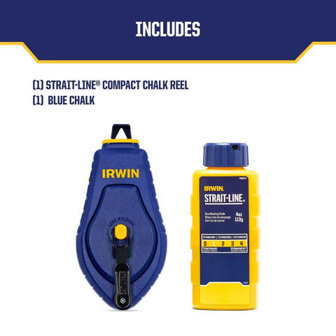 Compact chalk reel delivers fast, precise chalk lines for carpenters and painters, featuring a 3:1 gear ratio, blue chalk included.