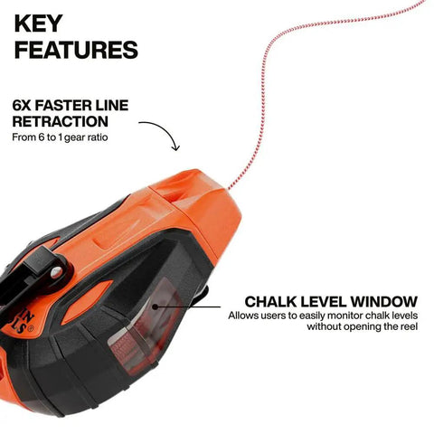Chalk Reel CHLK100S 100 Foot Model With 6 To 1 Gear Ratio, Quick Release Spool Clutch, Chalk Level Window, and Twist Lock Top