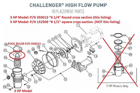 Diagram showing parts of Challenger high flow pump with focus on 3 HP Model P/N 350013, including illustrated components.