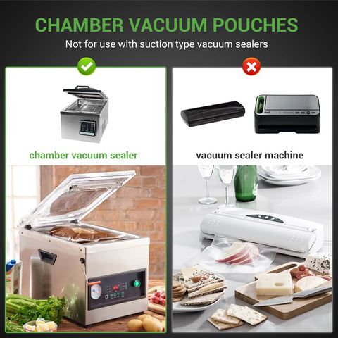 VTUUU chamber vacuum sealer bags, BPA-free 3-mil pouches in 6x10, 8x12, 10x13 for chamber machines.