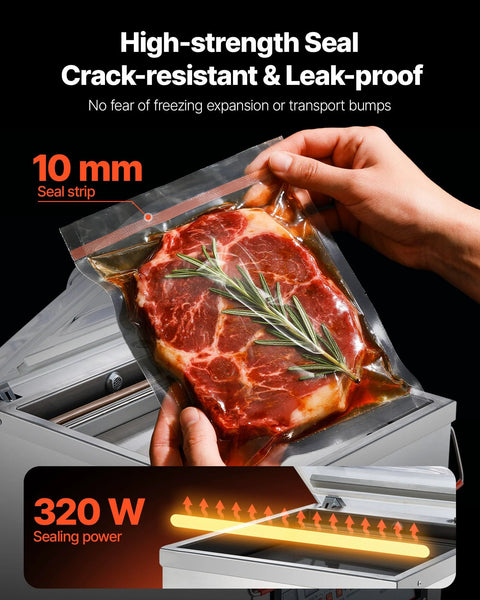 VEVOR chamber vacuum sealer in a home kitchen sealing a steak with rosemary in a vacuum bag, 320W, 12.6 in seal length