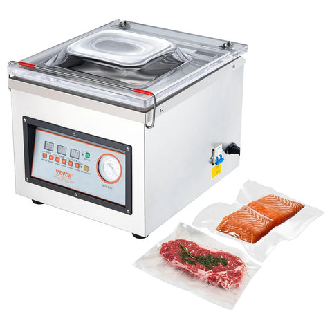 VEVOR chamber vacuum sealer with clear lid; stainless steel body and 12.6-inch sealing length, two vacuum bags shown