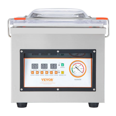 VEVOR chamber vacuum sealer, stainless steel kitchen appliance with clear lid, orange accents and front vacuum gauge