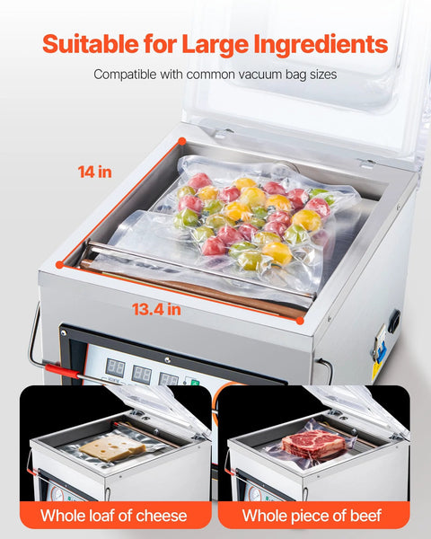 VEVOR chamber vacuum sealer, stainless steel kitchen device with 12.6 in sealing length; bagged fruits inside chamber.