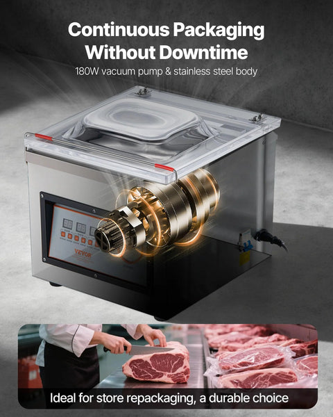 VEVOR chamber vacuum sealer with stainless steel body and clear lid, 12.6 in sealing length.