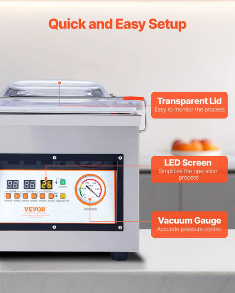VEVOR chamber vacuum sealer with transparent lid, stainless steel body, LED screen and vacuum gauge.