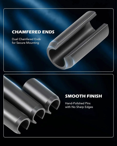 Close-up of 330Pcs SAE Roll Pin Assortment Kit showcasing chamfered ends and smooth finish for secure mounting, heavy-duty steel.