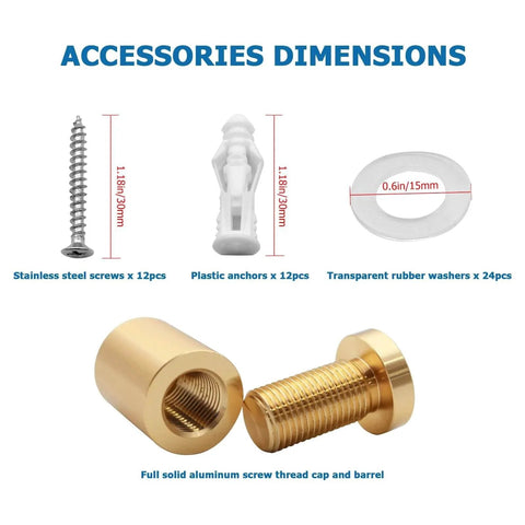 Accessories dimensions including stainless steel screws, plastic anchors, and washers for Aluminum Solid Sign Standoff Screws Set of 4.