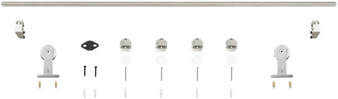 Seventy Eight And Three Quarters Inch Single Roller Round Rod Barn Door Hardware Kit In Champagne Brass Finish Stainless Steel Construction