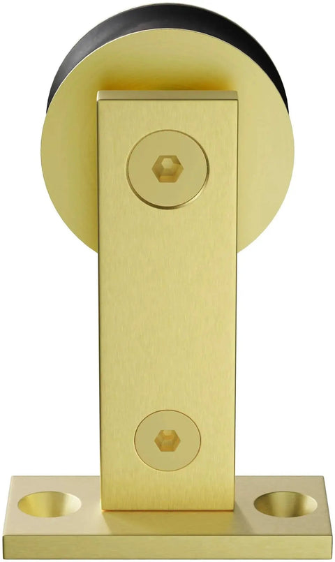 Seventy Eight And Three Quarters Inch Single Roller Round Rod Barn Door Hardware Kit showing brass roller