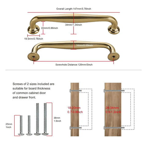 10 Pack 5 Inch Cabinet Handles In Champagne Bronze Finish Zinc Alloy Furniture Hardware Pulls For Kitchen Cabinets Bedroom Dresser Wardrobe 128mm Screw Spacing Durable Easy To Install with detailed dimensions and included screws.