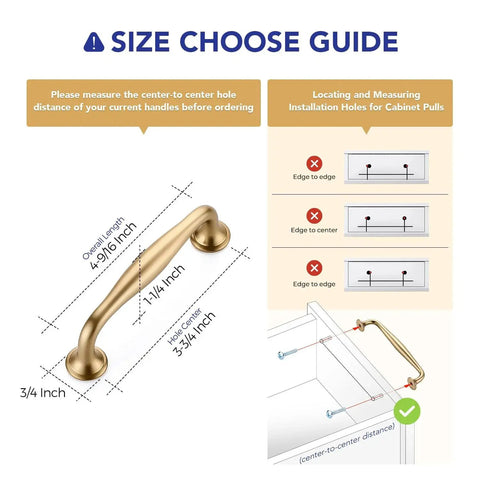 Size guide for 10 Pack 3.75 Inch Champagne Bronze Cabinet Handles Made From Solid Zinc Alloy with installation tips.