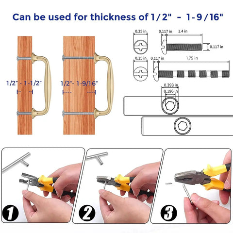 Installing 10 Pack 3.75 Inch Champagne Bronze Cabinet Handles with solid zinc alloy on cupboard, diagram showing screw sizes.
