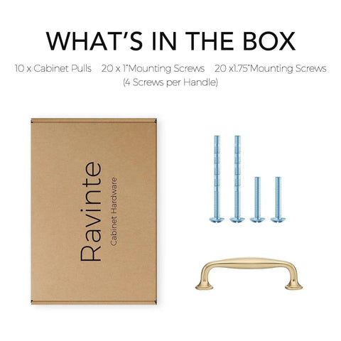 Premium packaging for 10 Pack 3.75 Inch Champagne Bronze Cabinet Handles Made From Solid Zinc Alloy, showing screws and a handle for easy installation.