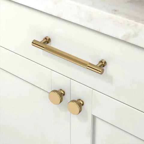 Champagne Bronze Cabinet Knobs 10 Pack Size 1-1/5 Inch 30mm Classic Kitchen Drawer Pulls on white cabinets