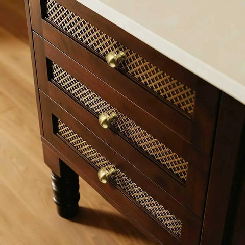 Champagne Bronze Cabinet Knobs Set of Ten, One and One Quarter Inch Round Zinc Alloy Drawer Knobs on dark wood dresser