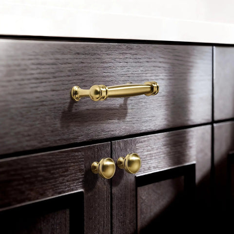 Champagne Bronze Cabinet Knobs Set of Ten, One and One Quarter Inch Round Zinc Alloy Drawer Knobs on dark wood cabinets