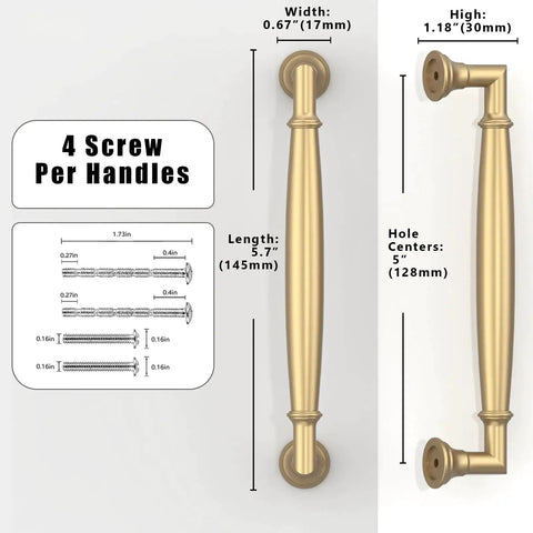 Champagne Bronze Cabinet Pulls 5 Inch 128mm 10 Pack for Kitchen Cabinets and Drawers with dimensions and screw details.