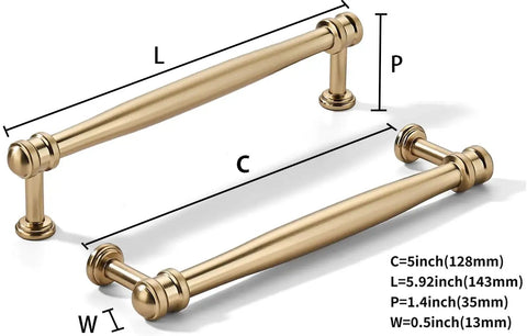 10 Pack 5 Inch Center Hole Champagne Bronze And Honey Bronze Cabinet Pulls, solid heavy-duty handles, shown with dimensions