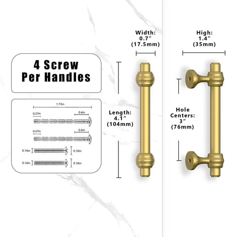Champagne Bronze Cabinet Pulls 3 Inch Center To Center 76mm dimensions and screws diagram.